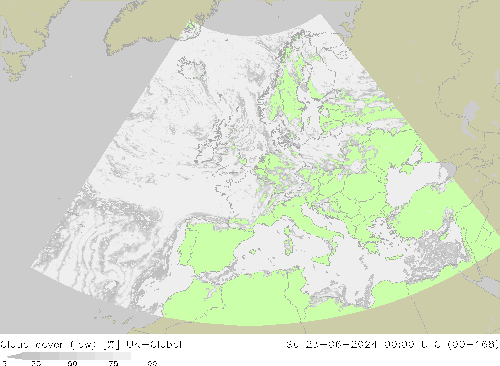 Bewolking (Laag) UK-Global zo 23.06.2024 00 UTC