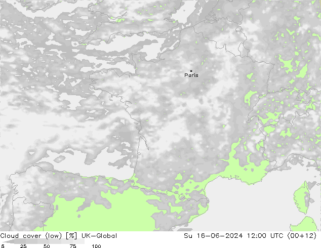 Cloud cover (low) UK-Global Su 16.06.2024 12 UTC