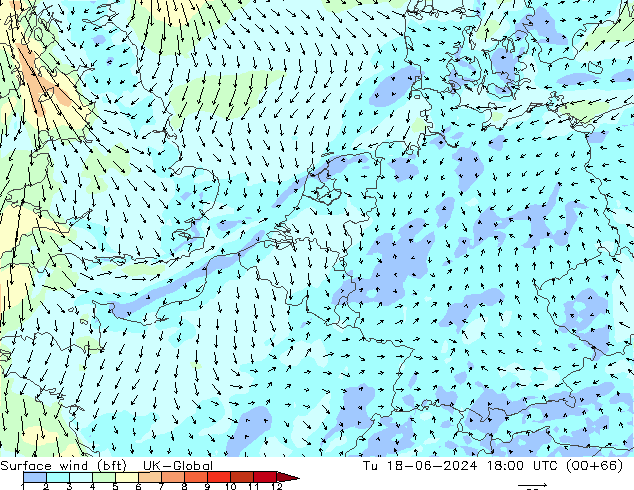 Surface wind (bft) UK-Global Tu 18.06.2024 18 UTC