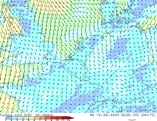 Surface wind (bft) UK-Global St 19.06.2024 00 UTC