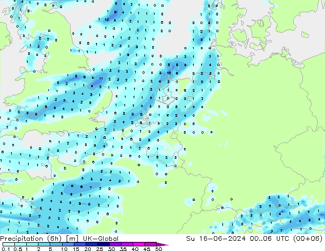 Precipitation (6h) UK-Global Su 16.06.2024 06 UTC