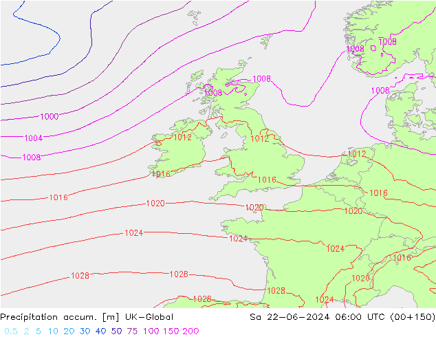 Precipitation accum. UK-Global сб 22.06.2024 06 UTC