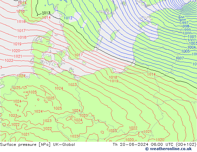 Pressione al suolo UK-Global gio 20.06.2024 06 UTC