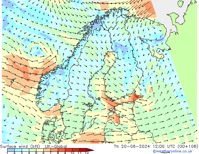 Surface wind (bft) UK-Global Th 20.06.2024 12 UTC