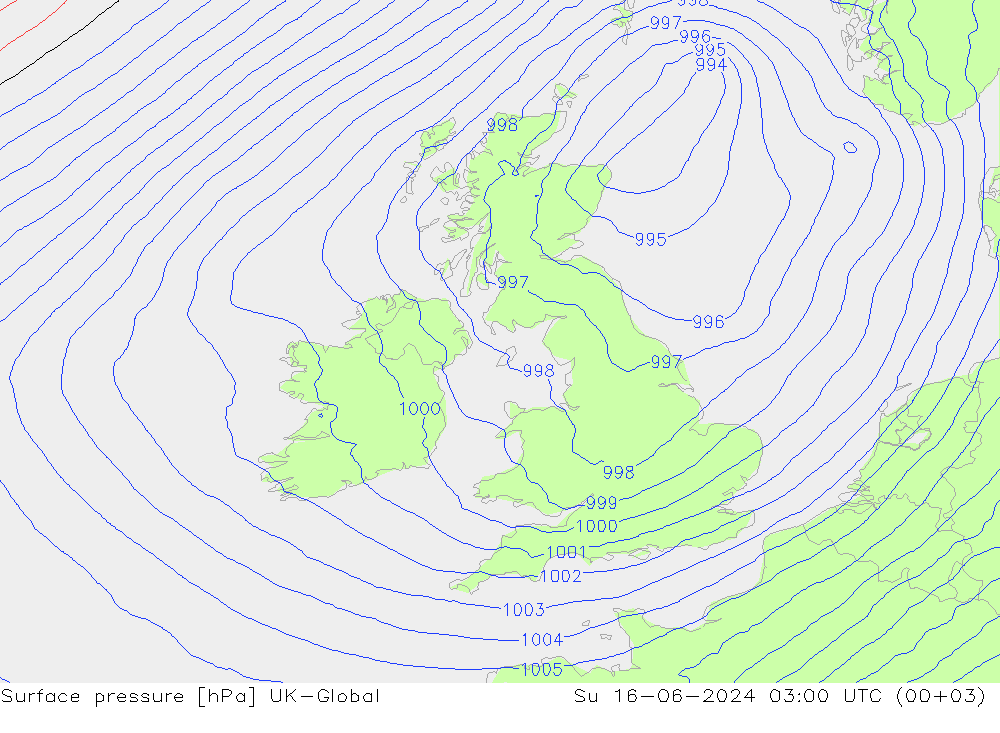 Pressione al suolo UK-Global dom 16.06.2024 03 UTC
