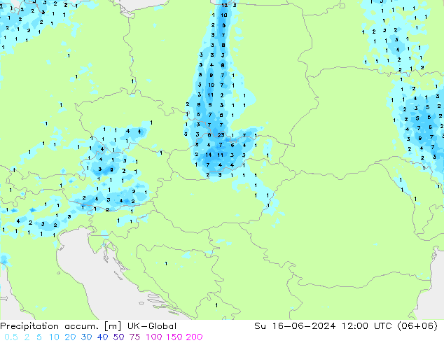 Precipitation accum. UK-Global dom 16.06.2024 12 UTC