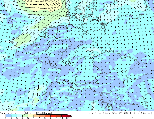 Wind 10 m (bft) UK-Global ma 17.06.2024 21 UTC