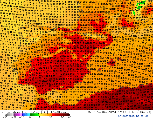 Temperature High (2m) UK-Global Mo 17.06.2024 12 UTC
