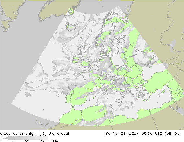 Cloud cover (high) UK-Global Su 16.06.2024 09 UTC