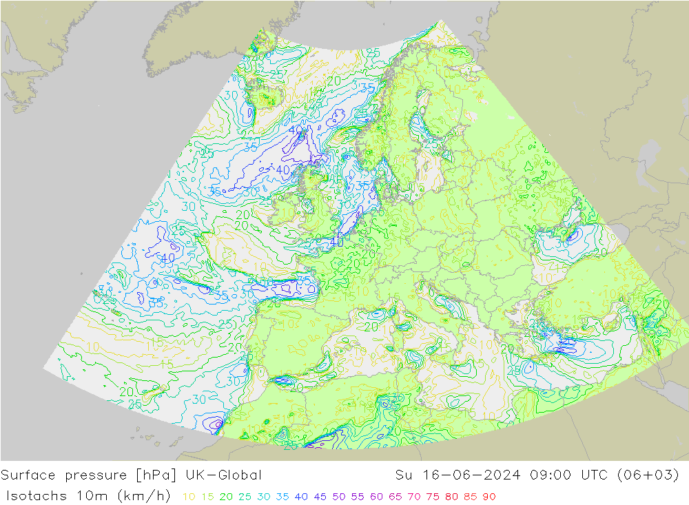 10米等风速线 (kph) UK-Global 星期日 16.06.2024 09 UTC
