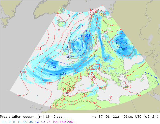 Precipitation accum. UK-Global Mo 17.06.2024 06 UTC