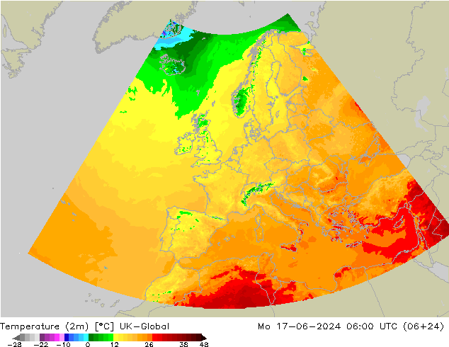 Temperaturkarte (2m) UK-Global Mo 17.06.2024 06 UTC