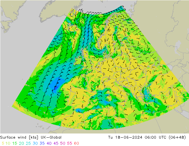Surface wind UK-Global Tu 18.06.2024 06 UTC