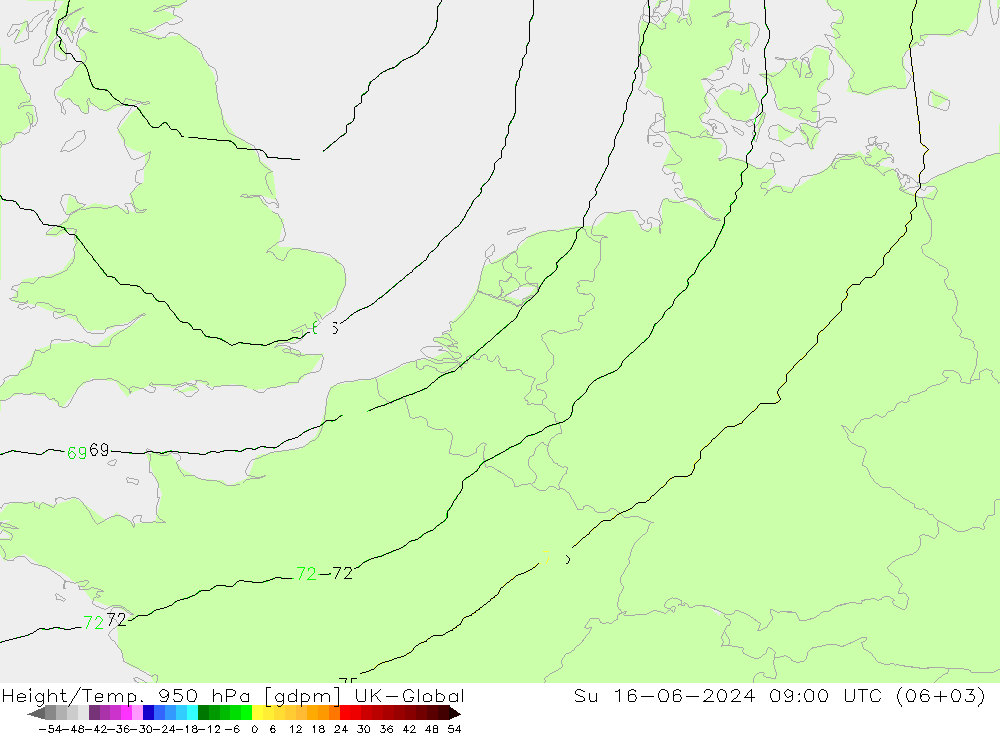 Hoogte/Temp. 950 hPa UK-Global zo 16.06.2024 09 UTC