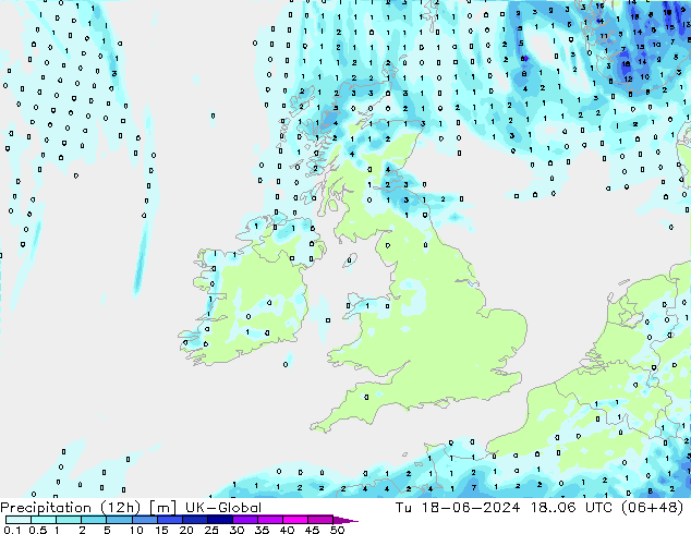Precipitation (12h) UK-Global Tu 18.06.2024 06 UTC