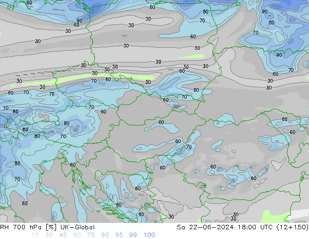 Humidité rel. 700 hPa UK-Global sam 22.06.2024 18 UTC