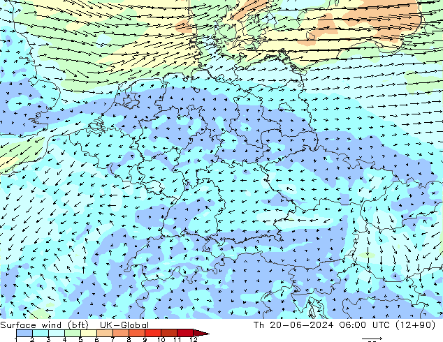 Surface wind (bft) UK-Global Čt 20.06.2024 06 UTC