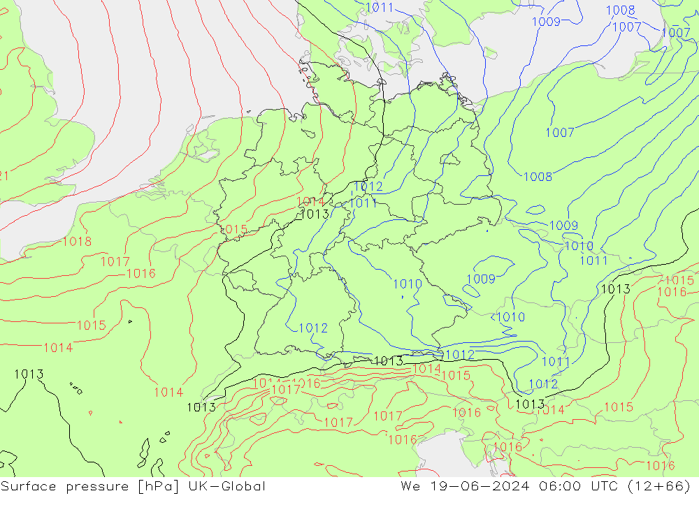 Surface pressure UK-Global We 19.06.2024 06 UTC