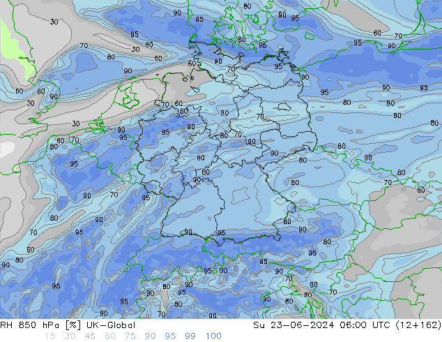 Humidité rel. 850 hPa UK-Global dim 23.06.2024 06 UTC