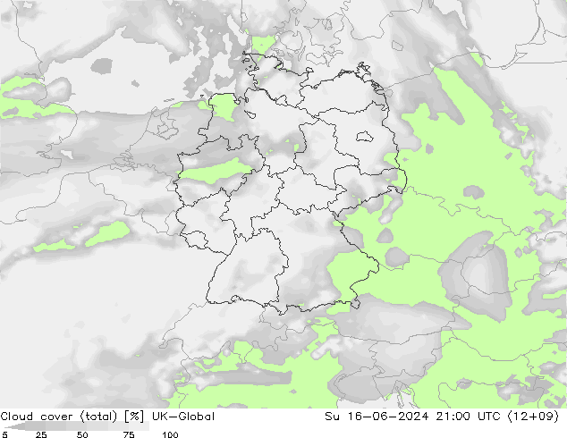 Cloud cover (total) UK-Global Su 16.06.2024 21 UTC