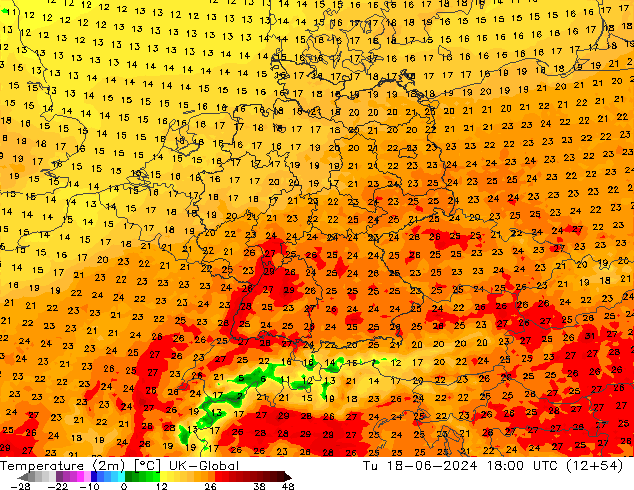Temperatuurkaart (2m) UK-Global di 18.06.2024 18 UTC