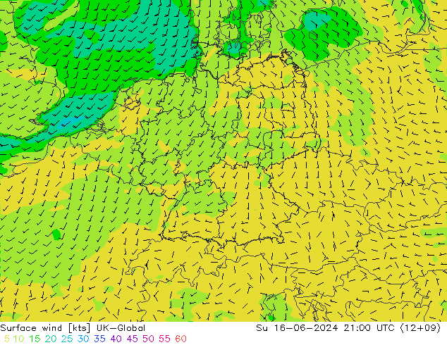Surface wind UK-Global Su 16.06.2024 21 UTC