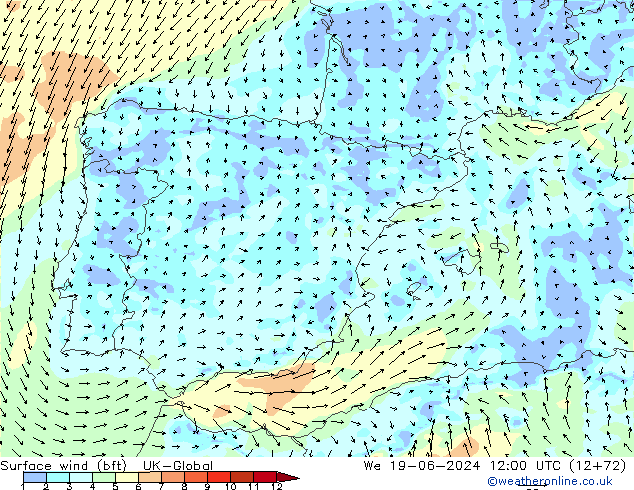 Surface wind (bft) UK-Global We 19.06.2024 12 UTC