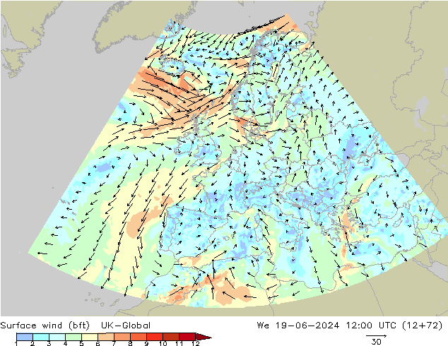 Surface wind (bft) UK-Global St 19.06.2024 12 UTC