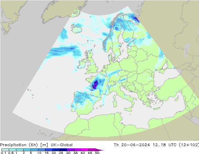 Precipitation (6h) UK-Global Th 20.06.2024 18 UTC