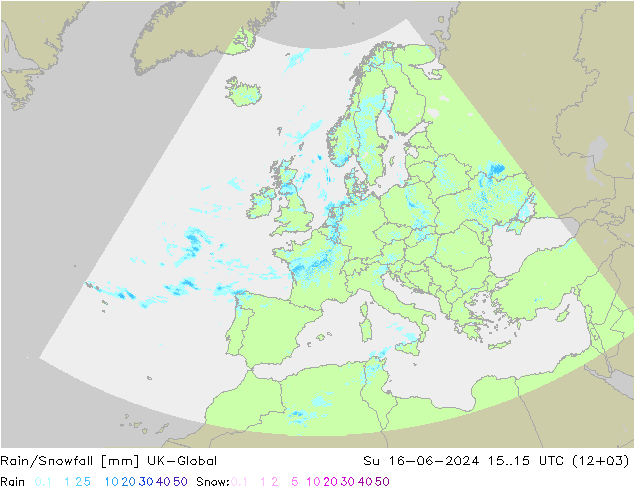 Rain/Snowfall UK-Global Paz 16.06.2024 15 UTC