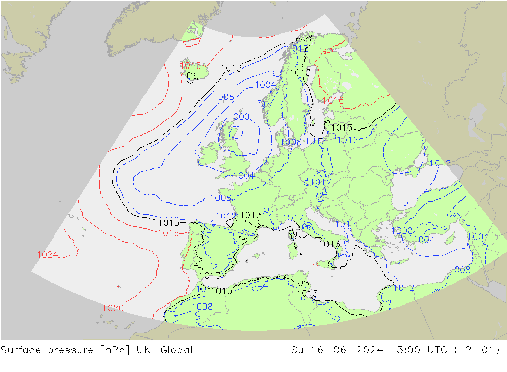 Presión superficial UK-Global dom 16.06.2024 13 UTC