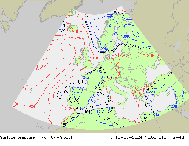 地面气压 UK-Global 星期二 18.06.2024 12 UTC