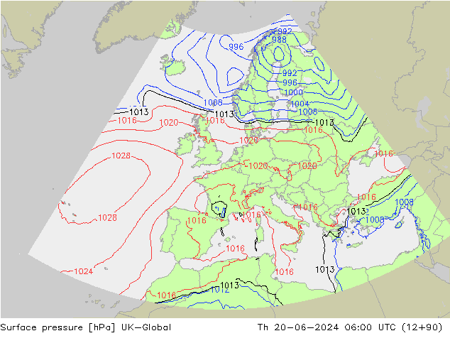 Pressione al suolo UK-Global gio 20.06.2024 06 UTC