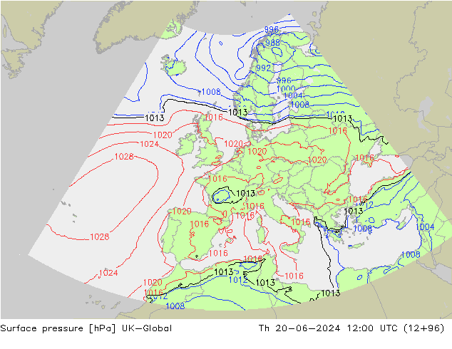 Pressione al suolo UK-Global gio 20.06.2024 12 UTC