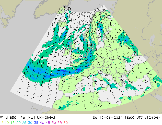 风 850 hPa UK-Global 星期日 16.06.2024 18 UTC