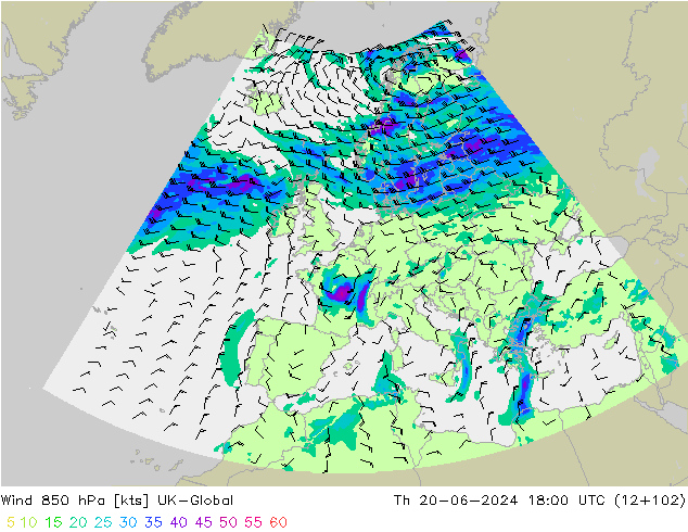 Wind 850 hPa UK-Global Čt 20.06.2024 18 UTC