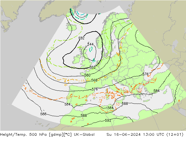 Height/Temp. 500 hPa UK-Global So 16.06.2024 13 UTC