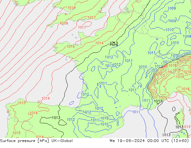 Atmosférický tlak UK-Global St 19.06.2024 00 UTC