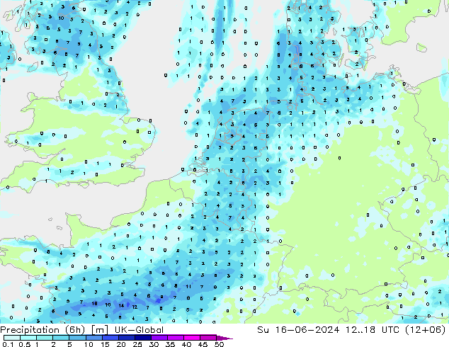 Precipitation (6h) UK-Global Su 16.06.2024 18 UTC