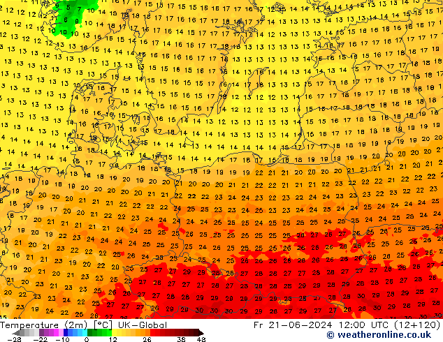 Temperaturkarte (2m) UK-Global Fr 21.06.2024 12 UTC