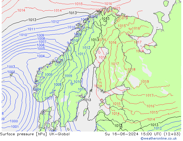 地面气压 UK-Global 星期日 16.06.2024 15 UTC