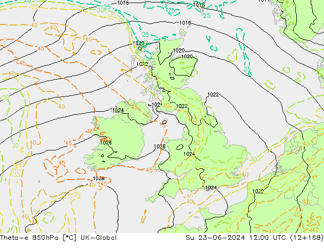 Theta-e 850hPa UK-Global nie. 23.06.2024 12 UTC