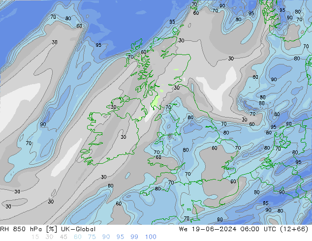 Humidité rel. 850 hPa UK-Global mer 19.06.2024 06 UTC