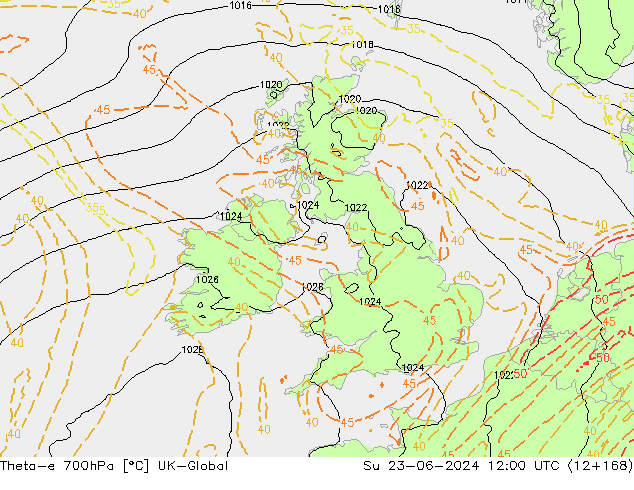 Theta-e 700hPa UK-Global zo 23.06.2024 12 UTC