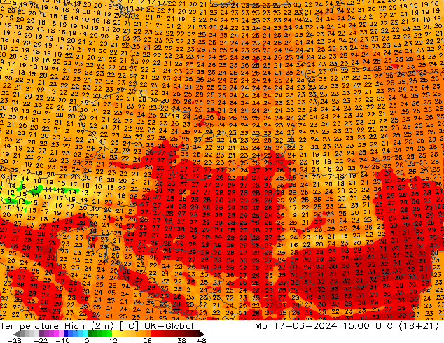 Temperature High (2m) UK-Global Mo 17.06.2024 15 UTC