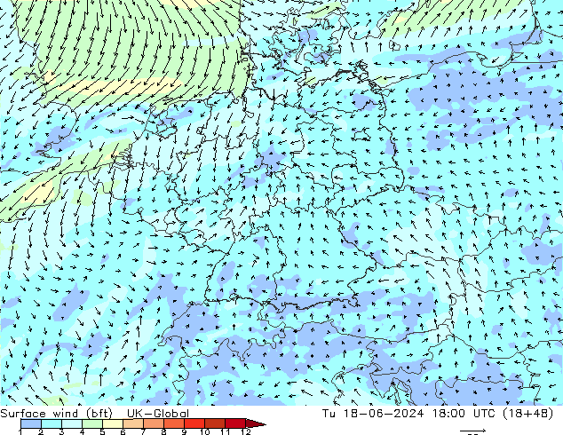 Surface wind (bft) UK-Global Tu 18.06.2024 18 UTC