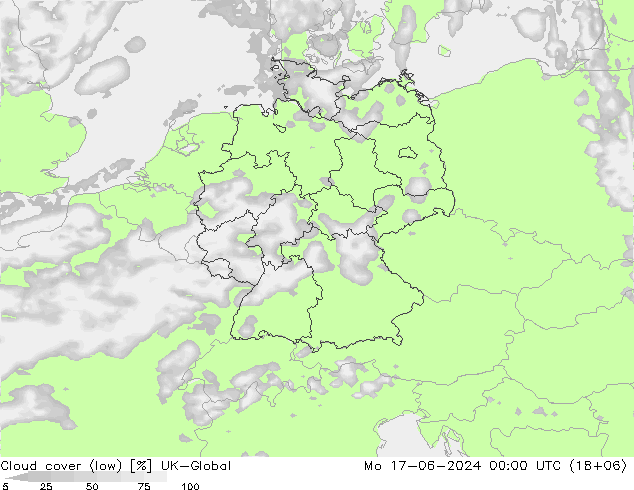 Cloud cover (low) UK-Global Mo 17.06.2024 00 UTC