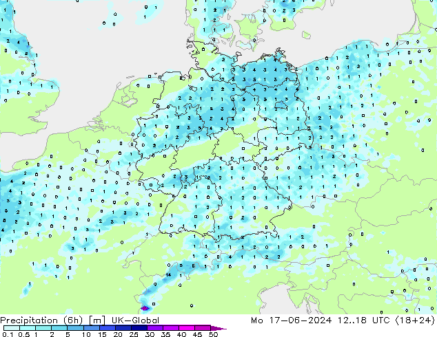 Precipitation (6h) UK-Global Mo 17.06.2024 18 UTC