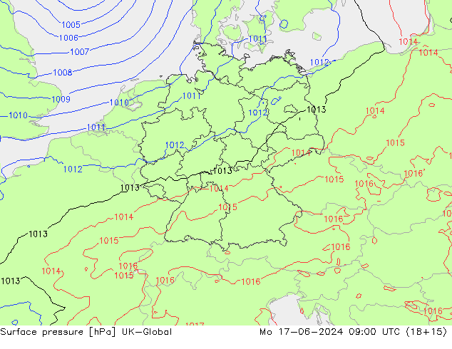 Atmosférický tlak UK-Global Po 17.06.2024 09 UTC