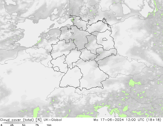 Bewolking (Totaal) UK-Global ma 17.06.2024 12 UTC
